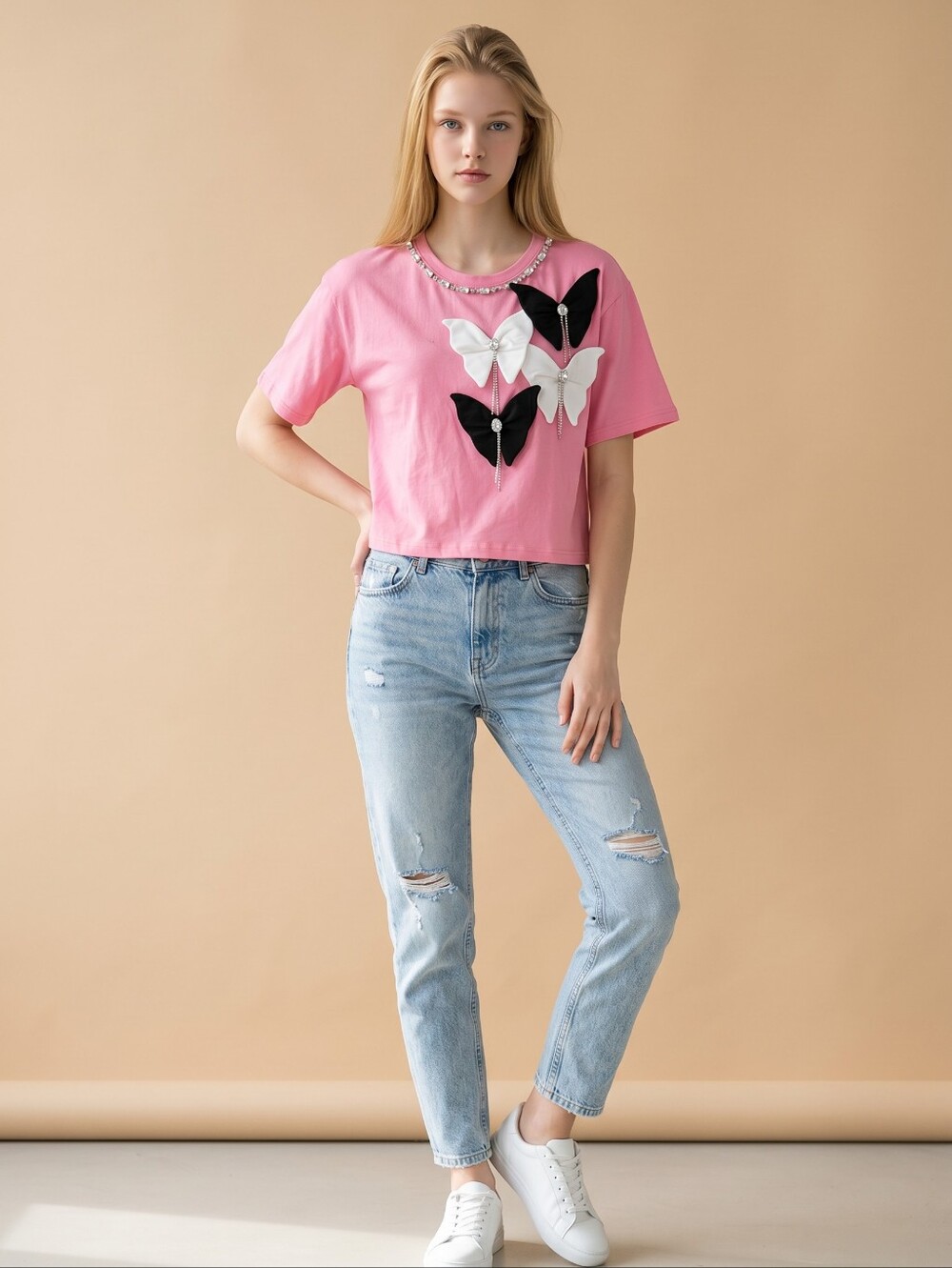 NWT Pink Rhinestone-Trim Tee with Butterfly Accent